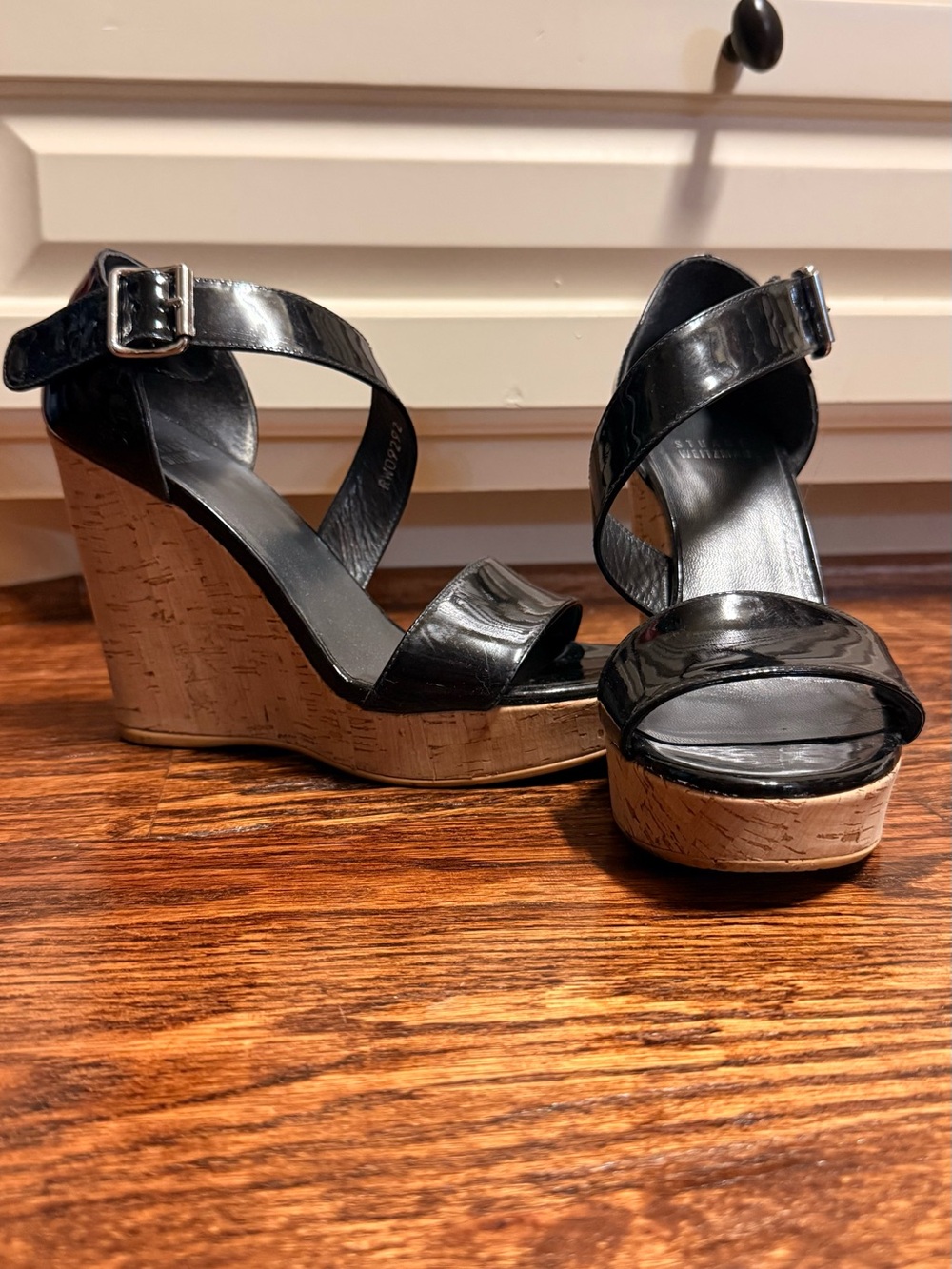 Stuart Weitzman Black Patent Cork Wedge Sandals